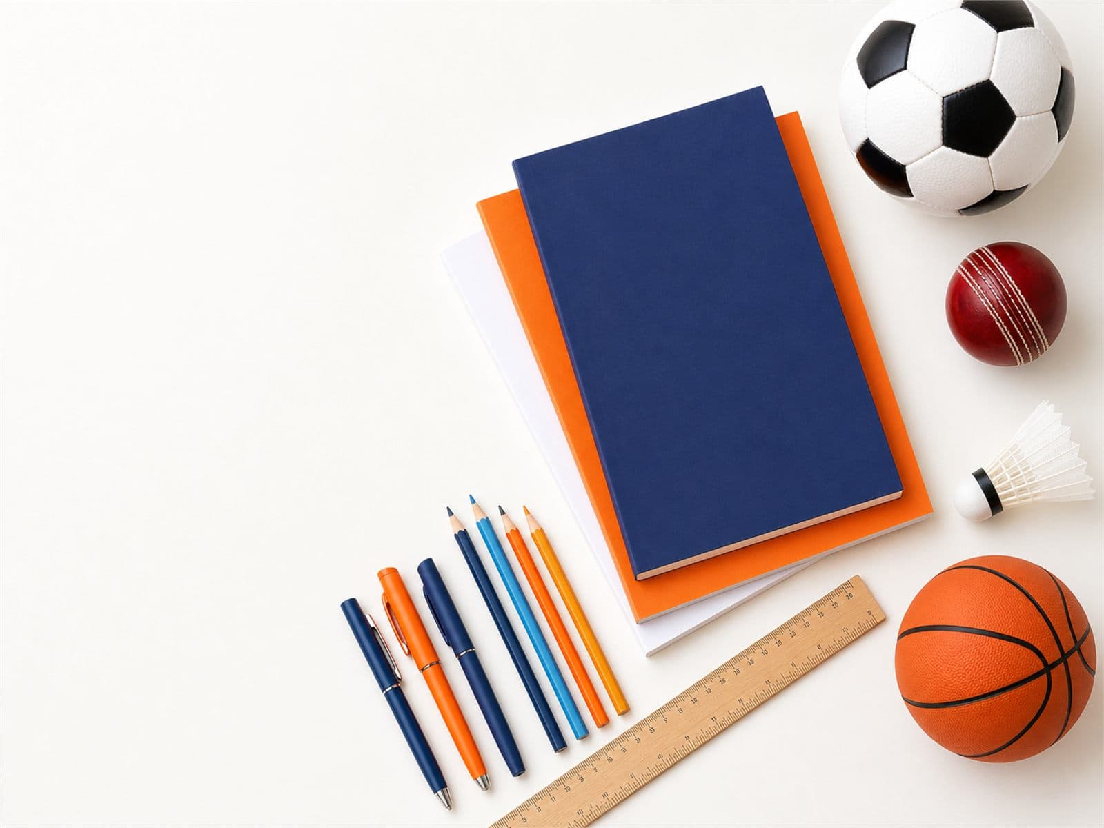 Exercise books, writing supplies, and sports gear